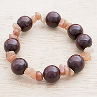 Glass and wood beaded stretch bracelet, 'Russet Orbs' - Recycled Glass and Wood Beaded Stretch Bracelet from Ghana