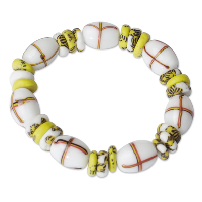 Glass beaded stretch bracelet, 'Yellow Damsel' - Recycled Glass Beaded Stretch Bracelet with Yellow Accents