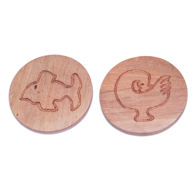 Set of 2 Hand-Carved Sese Wood Fish and Bird Coasters