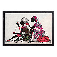 Arte de pared de batik de algodón, 'Feminine Bonds' - Arte de pared de batik de algodón firmado y hecho a mano de Ghana