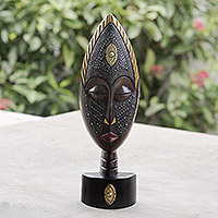 African wood mask, 'Future King' - Artisan Crafted African Wood Mask with Brass and Aluminum