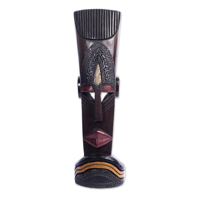 Máscara de madera africana - Máscara de madera africana ghanesa hecha a mano con detalles en latón