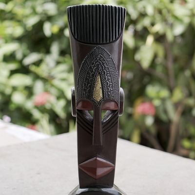 African wood mask, 'Lost Survivor' - Handmade Ghanaian African Wood Mask with Brass Accents
