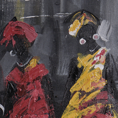 'Damas Reales de Rojo' - Pintura acrílica de mujeres de África Occidental