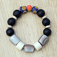 Sese wood and recycled glass beaded stretch bracelet, 'Color in Monochrome' - Ghana Jeweler Crafted Recycled Glass Bead Stretch Necklace