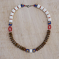 Recycled glass bead necklace, 'Dzifa Peace' - Ghanaian Multicoloured Recycled Glass Bead Necklace