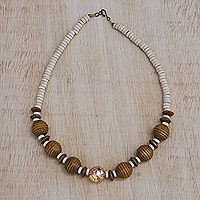 Sese wood and recycled glass beaded necklace, 'Elorm' - Handmade Eco-Smart Recycled Glass Bead Necklace from Ghana
