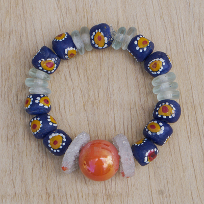 Recycled glass beaded stretch bracelet, 'Esther' - Handcrafted Recycled Glass Beaded Sunflower Bracelet