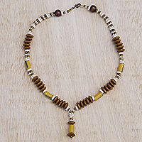 Sese wood and recycled glass pendant necklace, 'Mawusi' - Handmade Eco-Friendly Recycled Glass Bead Pendant Necklace