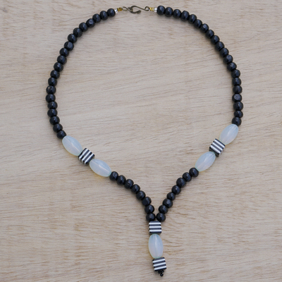 Sese wood and recycled glass pendant necklace, 'Adwenpa' - Handcrafted Black Sese Wood Recycled Glass Pendant Necklace