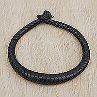 Braided leather bracelet, 'Black Grace'