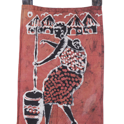 Batik cotton wall hanging, 'A Grandmother' - African Batik 100% Cotton Brown Wall Hanging from Ghana