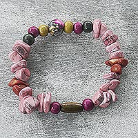 Agate beaded stretch bracelet, 'Pink Choice' - Colorful Agate Beaded Stretch Bracelet with Sese Wood Beads