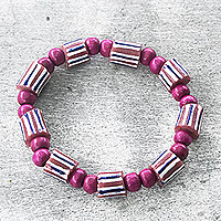 Eco-friendly beaded stretch bracelet, 'Good Will in Purple' - Eco-Friendly Pink Beaded Stretch Bracelet