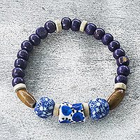 Eco-friendly beaded stretch bracelet, 'Blue Gratitude' - Blue Beaded Stretch Bracelet from Ghana