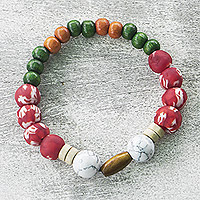 Eco-friendly beaded stretch bracelet, 'Roses in My Hand' - Red and Green Beaded Stretch Bracelet from Ghana