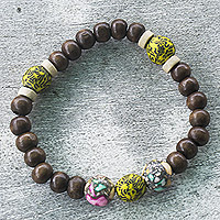Recycled glass beaded stretch bracelet, 'Your Yellow Self' - Eco-Friendly Beaded Stretch Bracelet with Yellow Accents