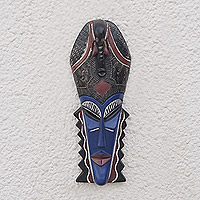 African wood mask, 'Cultural Blue' - African Sese Wood Mask in Blue Crafted in Ghana