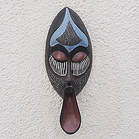 African wood mask, 'Ancestral Chant' - African Sese Wood Mask in Blue with Repousse Aluminum