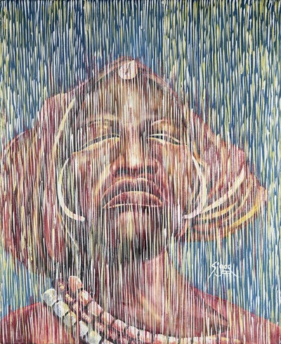Meditation'. - Ungestrecktes realistisches Gemälde einer meditativen Frau im Regen