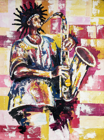 'Rhythms' - Unstretched Expressionist Painting of Musician in Warm Tones