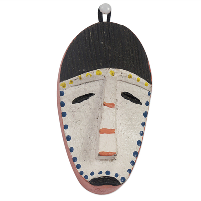 African wood mini mask, 'Water Spirit' - Hand Carved and Hand Painted Sese Wood Mini Mask from Ghana