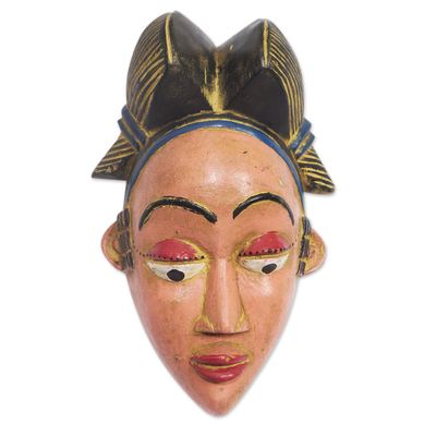 Afrikanische Holzmaske, „Ekenge“ – handgeschnitzte und handbemalte Sese-Holzmaske aus Ghana