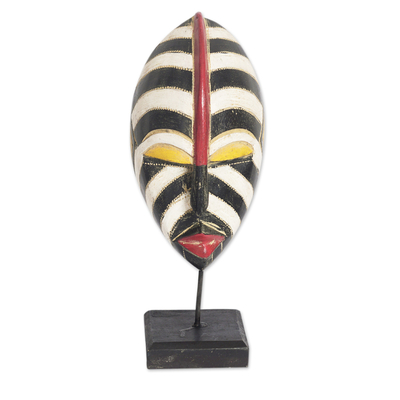 African wood mask, 'Zebra Visage' - Striped African Sese Wood Mask with Stand