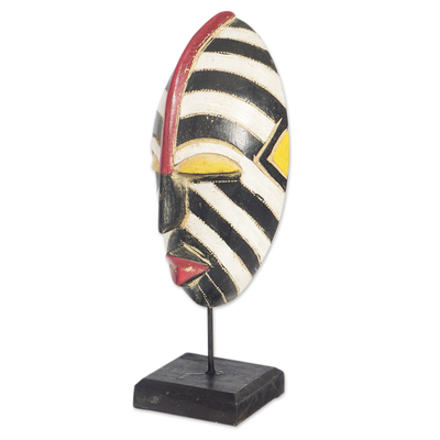African wood mask, 'Zebra Visage' - Striped African Sese Wood Mask with Stand