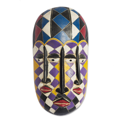African wood mask, 'Triple Face' - Multicoloured Hand Carved & Hand Painted Wood Mask from Ghana