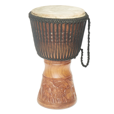 Wood djembe drum, 'Giant of the Forest' - Wood Djembe Drum with Giraffe Hand-Carved Motifs from Ghana