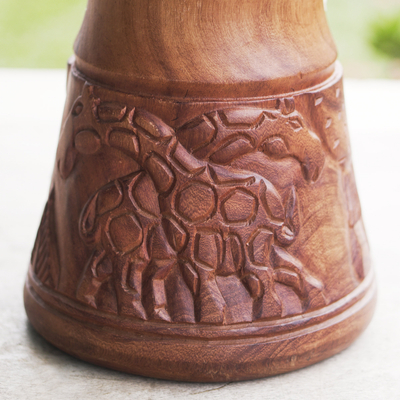 Tambor djembé de madera - Tambor Djembé de madera con motivos de jirafa tallados a mano de Ghana