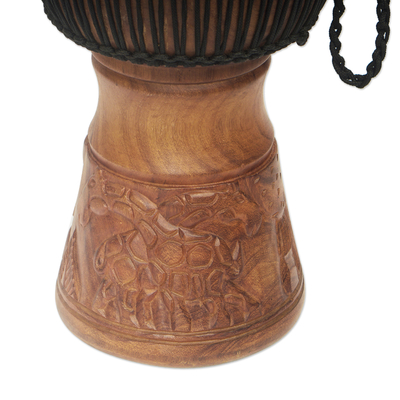 Wood djembe drum, 'Giant of the Forest' - Wood Djembe Drum with Giraffe Hand-Carved Motifs from Ghana