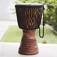 Wood djembe drum, 'Nyansa Pow' - Handcrafted Tweneboa Wood Djembe Drum with Kente Pattern