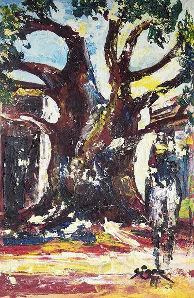 'El árbol de Iroko' - Pintura expresionista sin estirar de un árbol de Ghana