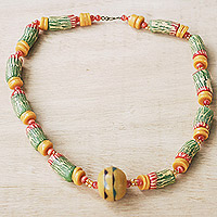 Glass beaded pendant necklace, 'Oyerepa' - Handcrafted Vibrant Glass Beaded Pendant Necklace from Ghana