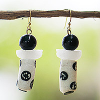 Glass beaded dangle earrings, 'Black and White Grace' - Recycled Glass Beaded Dangle Earrings in Black and White