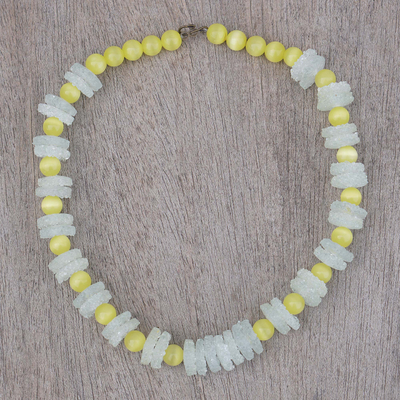 Cat's eye beaded necklace, 'Sunny Clouds' - Eco-Friendly Cat's Eye Beaded Necklace Crafted in Ghana