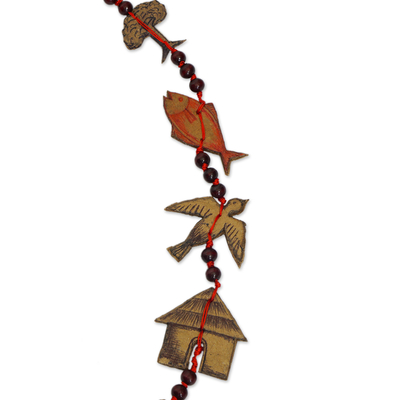 Halskette mit Perlenanhänger aus recyceltem Karton - Handgefertigte Halskette mit Anhänger aus recyceltem Karton und Holzperlen