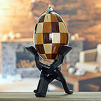 Wood and coconut shell sculpture, 'Checkered Secret' - Handcrafted Sese Wood and Coconut Shell Sculpture with Base