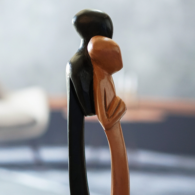 Wood sculpture, 'Ghanaian Lovers' - Hand-Painted Romantic Sese Wood Sculpture of Couple