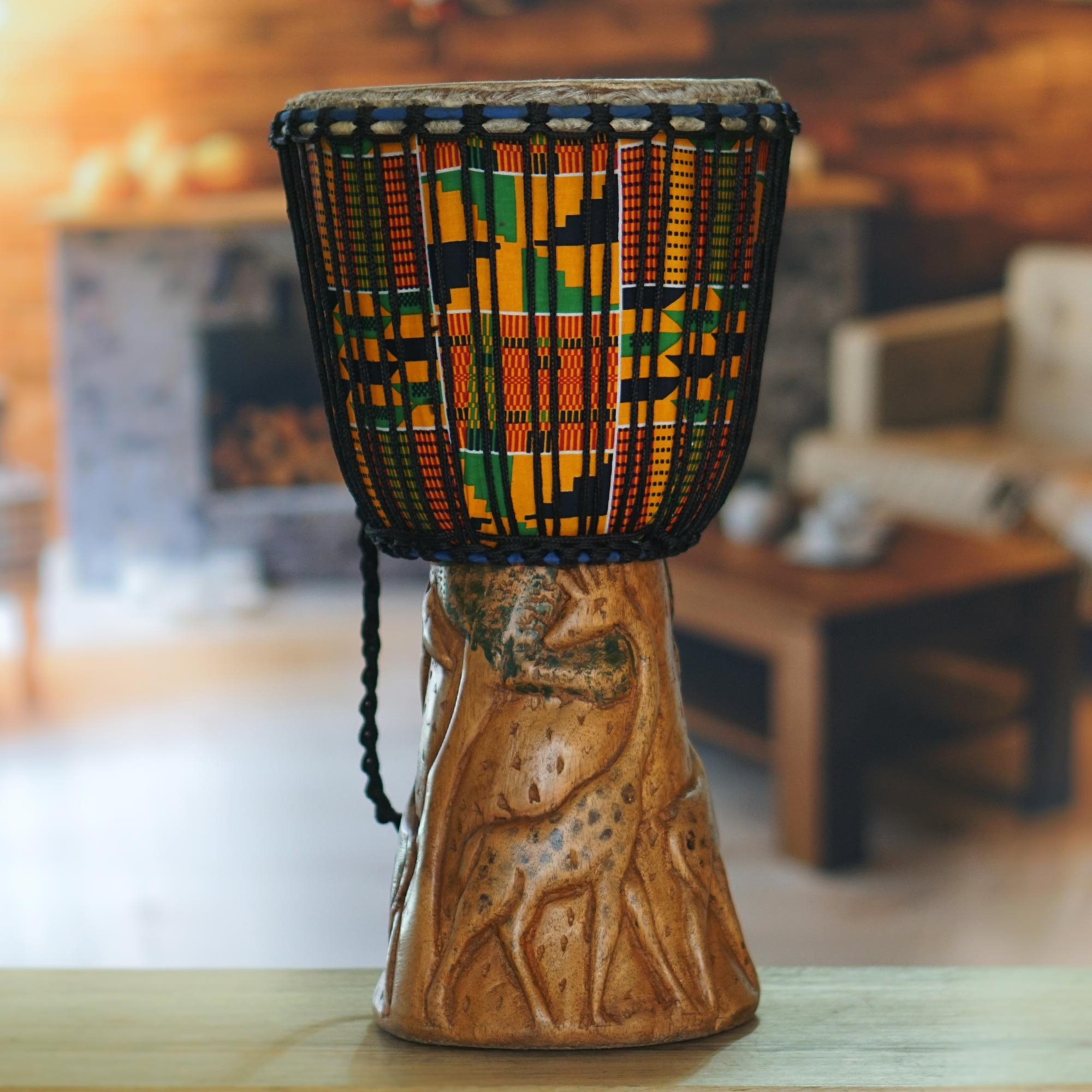 Handcrafted Kente Multicolor Tweneboa Wood Djembe Drum - Rhythms