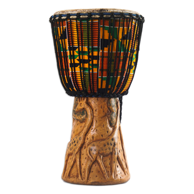 Wood djembe drum, 'Rhythms of The Savannah' - Handcrafted Kente Multicolor Tweneboa Wood Djembe Drum