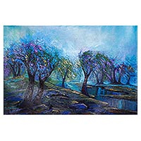 'Garden of Serenity' (2018) - Unstretched Impressionist Blue Forest Acrylic Painting