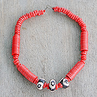 Recycled glass pendant necklace, 'Yawa' - Red Recycled Glass Pendant Necklace Handcrafted in Ghana