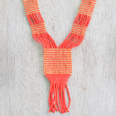 Recycled glass beaded pendant necklace, 'Yeyra' - Ghanaian Red and Gold Recycled Glass Beaded Pendant Necklace