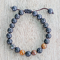 Agate and recycled glass beaded bracelet, 'Yao' - Unisex Wristband Bracelet with Agate & Recycled Glass Beads