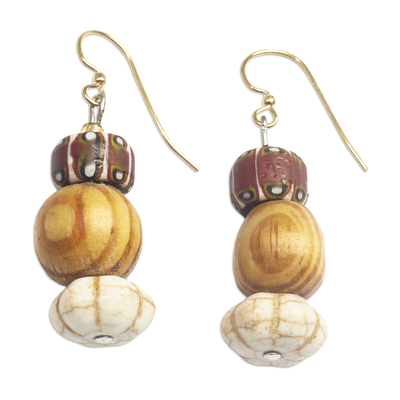 Recycled glass and wood beaded dangle earrings, 'Dzika' - Eco-Friendly Recycled Glass and Wood Beaded Dangle Earrings