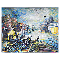 'A Stitch in Time' - Signed Acrylic Impressionist Unstretched Painting from Ghana