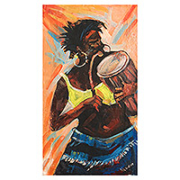 'Sounds II' - Pintura cálida impresionista de un tamborilero de Ghana